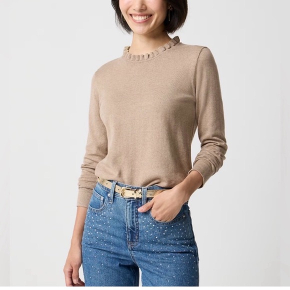 J. Crew Sweaters - J. Crew Brown Ruffle Crewneck Casual Tan Long Sleeve Sweater